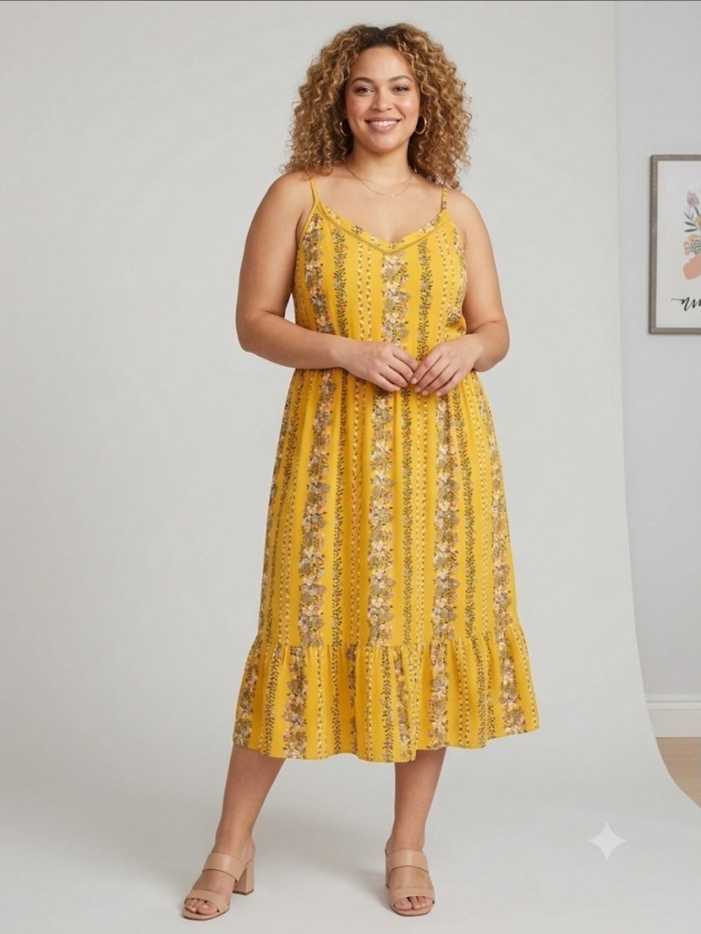 Old Navy Yellow Floral-Stripe Midi Dress